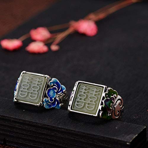 EQCETPF Women Ajustable Open Rings - Adjustable Ring Vintage Burnt Blue Double Happiness Classical Hetian Jade Inlaid Open Ring Fashion Ethnic Jewelry Unique, Blue EQCETPF Women Ajustable Open Rings - Adjustable Ring Vintage Burnt Blue Double Happiness Classical Hetian Jade Inlaid Open Ring Fashion Ethnic Jewelry Unique, Blue