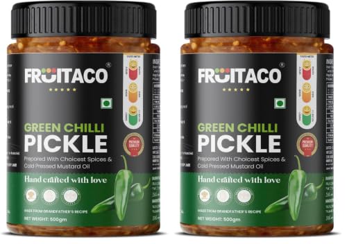 Image of Fruitaco Green Chilli Pickle 500 Gm - Spicy & Tangy Indian Pickle for Vibrant Flavors, Hari Mirch Ka Aachar (Pack of 2)