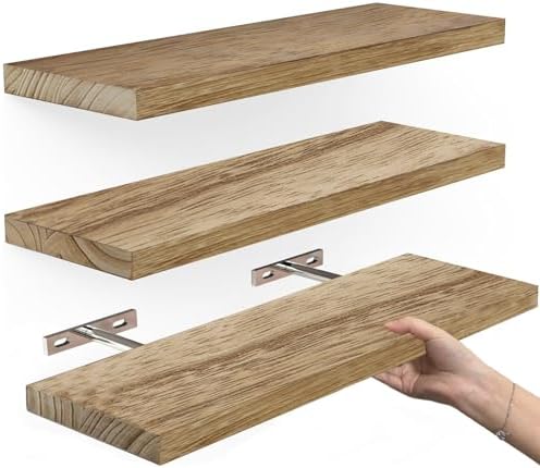 Solid Wood Shelf Set of 3, Floating Shelves for Wall Rustic Farmhouse Wooden Shelves (Light Brown)