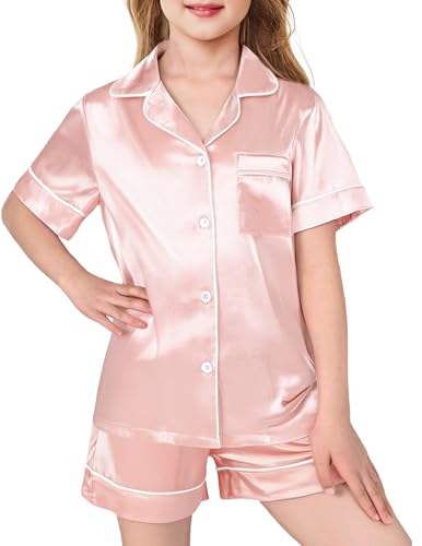 Arshiner Girls Pajamas Silk Satin Pajama Sleepwear Button Down Pj Set Loungewear Lotus Root Pink 12-13 Years
