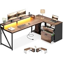 AODK L Shaped Desk with Wooden Drawers & Locking File Cabinet, 61 Inch Large Executive Desk with Power Outlet, Led Computer Desk with Storage, Corner Office desk with Monitor Stand & CPU Stand, Walnut