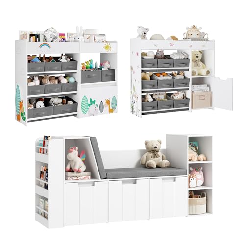Image of BOTLOG 3 Pieces Toy Storage Organizer Sets - Includes Kids Reading Nook and Toy Bookshelf with Fabric Bins, Kids Bookshelf with Rolling Drawers and Movable Chest for Playroom, Nursery, White