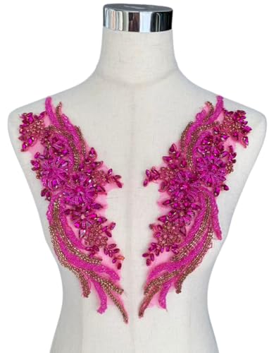 Labellezalady Pair Hand-Made Beaded Rhinestons DIY Clothing Appliques Patch,Rose Pink(hot