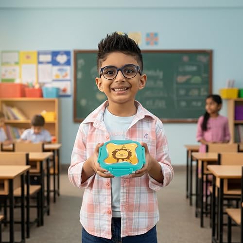Image of STEELLOCK Smart Kids Stainless Steel Lunch Box, Leakproof & Airtight Tiffin Box for School Boys & Girls, BPA Free Food Grade with 4-Side Clip Lock | 360 ML | Turquoise, 3D /UV Print Lion