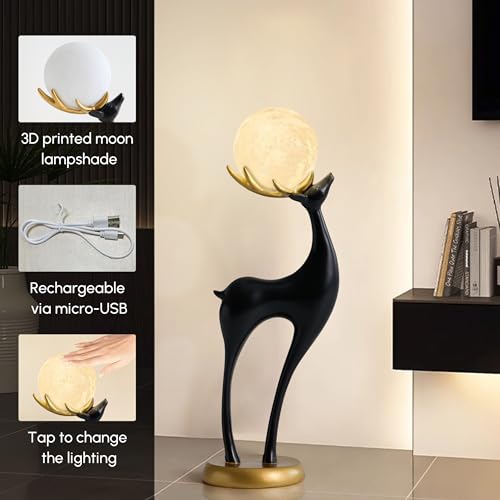 Lámpara de pie ciervo moderno 30" con estatua de resina negra y luz LED miniatura 4