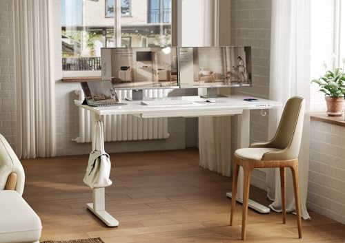 Image of INNOVAR Wireless Charging Glass Standing Desk with Drawers 55x24 Inch