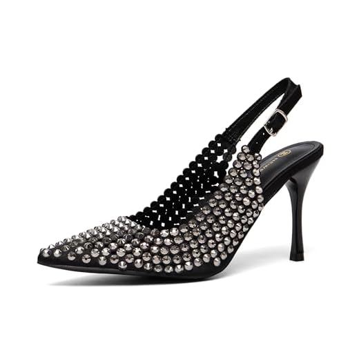 NEWBELLA Sandálias femininas de strass stiletto – salto alto com bico fino de 8,5 cm, sapatos de casamento e formatura com glitter de cristal completo para festas, Preto, 37