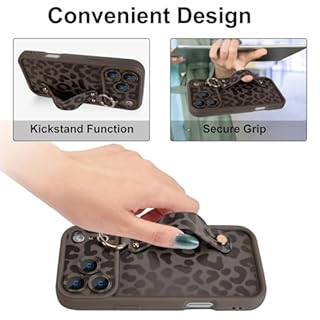 Jefonha Compatible with iPhone 17 Pro Max Case with Finger Hand Wrist Strap for Girls Women, Cute Leopard Cheetah Phone Case with Wristband Kickstand, Durable Silicone Protective Cover, Brown Leopard