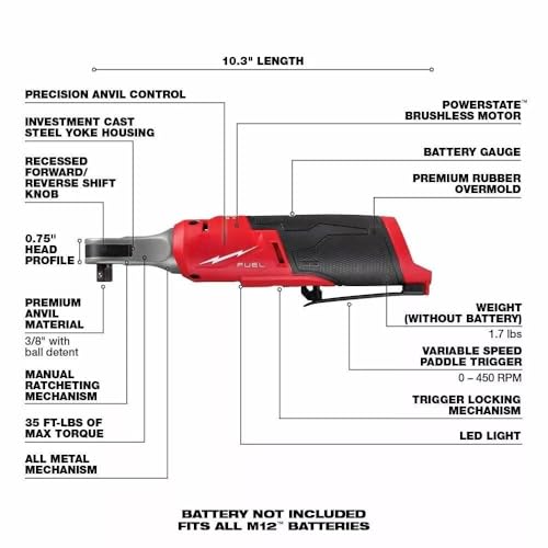 2567-20 for Milwaukee M12 FUEL Cordless High Speed 3/8 in Ratchet Length 10.3 in Width 1.54 in Height 0.75 in