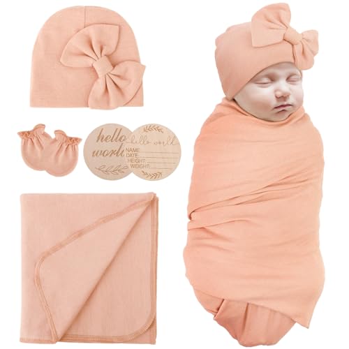 Image of AQOKKA Newborn Receiving Blanket with Bow Hat Mittens Wooden Card Set Newborns Toddler Baby Boy Girl Nursery Swaddle Wrap