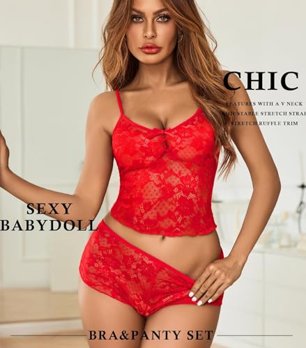 Image of GirlFriend Lace Bra and Panty Set V Neck Babydoll Lingerie 2 Piece Mesh Bralette Set for Wife, Women Wedding Valentine Special Night Occasion Festival