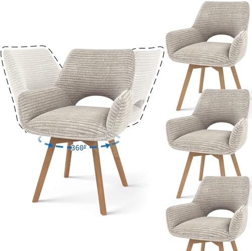JIJIAN 4er Set 360° Drehbare Esszimmerstühle mit Armlehnen, Taupe | Drehbar Stühle Esszimmer mit Holzbeinen, Moderner Küchenstuhl aus Cord, Polsterstuhl für Esszimmer, Küche, Wohnz