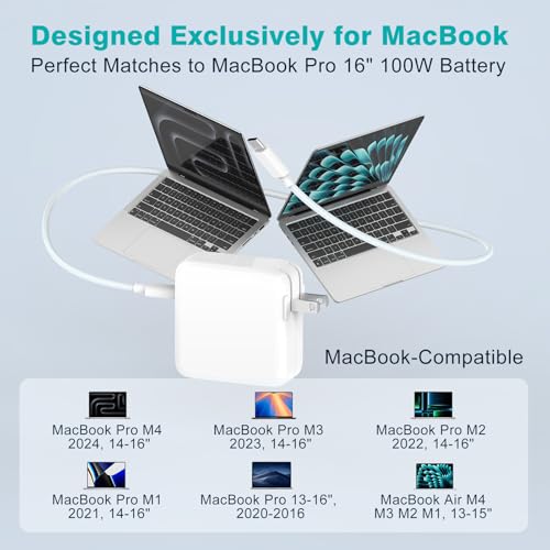 Image of Charger for MacBook Pro 16 14 inch MacBook Air 15 13 inch 2025 2024 2023 2022 2021 2020 2019 M4 M3 M2 M1, Super Compact 100W USB C Laptop Power Adapter, 6.6FT USB-C Braided Cable, Original Quality