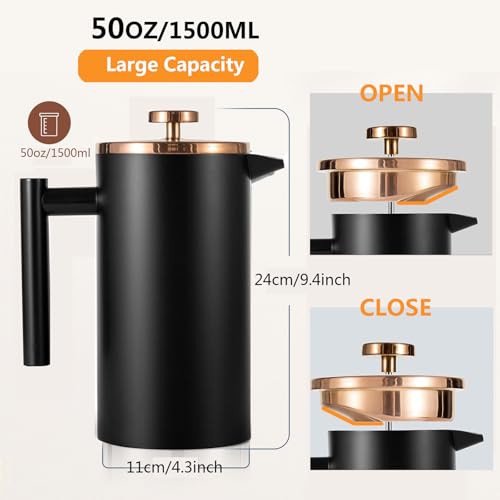 Meelio Stainless Steel French Press Coffee Maker, Double-Wall Insulated Large French Coffee Press with 2 Extra Screens (1500ml 50oz) by Meelio - Image 2