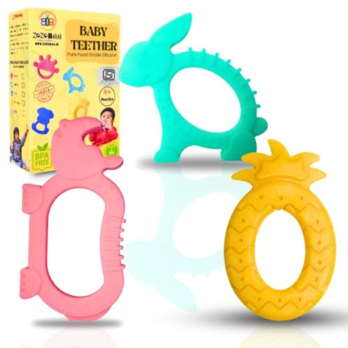 Image of Cute Shape Soft Silicone Teether for Baby Gums Teething Toys for Babies, BPA Free Pain-Relief, Non-Toxic, 100% Food Grade Soothing, Easy to Grasp Chewable - Rhino+Pineapple+Rabbit (Pack of 3)