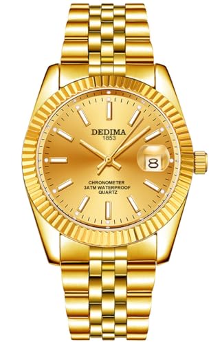 Men's Classic Design Analog Quartz Watches Fashion Business Watch Stainless Steel Waterproof Date Casual Wrist Watch for Men (01 Gold)