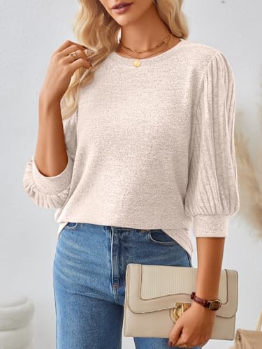 AUTOMET 3/4 Length Sleeve Womens Tops Puff Sleeve Lightweight Fall Sweaters Business Dressy Casual Work Blouses Cute T Shirts3