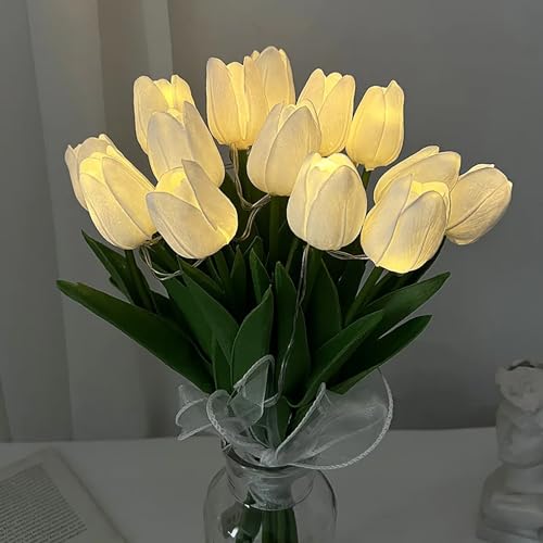 DINOWIN Artificial Tulip Flowers LED Lights Fake Tulips Bouquet Battery Powered Real Touch Led Night Light for Home Office Table Centerpiece Wedding (White, 15 PCS)
