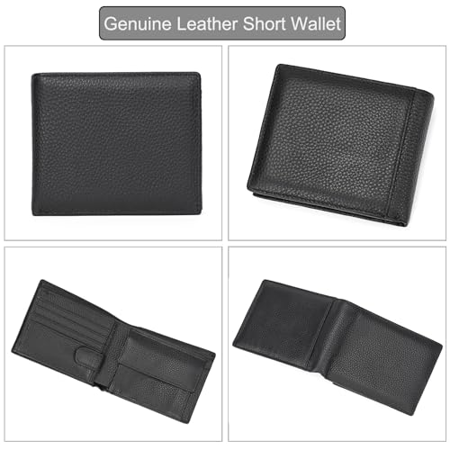 LUUFAN Genuine Leather Short Wallet with Coin Pocket Multiple Credit Card Slots ID Card Window Cash Compartments Large Capacity RFID Purse, Black — view 4