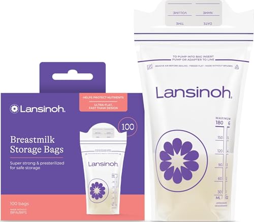 Image of Lansinoh Breastmilk Storage Bags, 6 Ounce, 100 Count | Baby Essentials, Leak-Proof, Fast Freeze & Thaw Breast Milk Bags for Baby Bottle Feeding, Strength & Stretch
