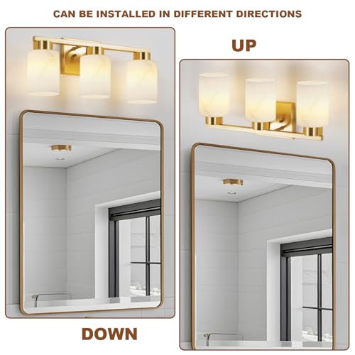 Image of 3-Light Bathroom Light Fixtures, Modern Vanity Lights, Gold Metal Wall Lamp with White Marble Glass for Bathroom, Mirror, Living Room, Bedroom, Cabinet, Porch, Hallway, E26 Base