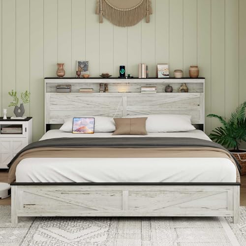 Image of Farmhouse King Size Wooden Bed Frame with Storage Headboard, Rustic Wooden Bedframe with LED Lights and Charging Station, Easy Assembly, No Box Spring Needed (King, White)