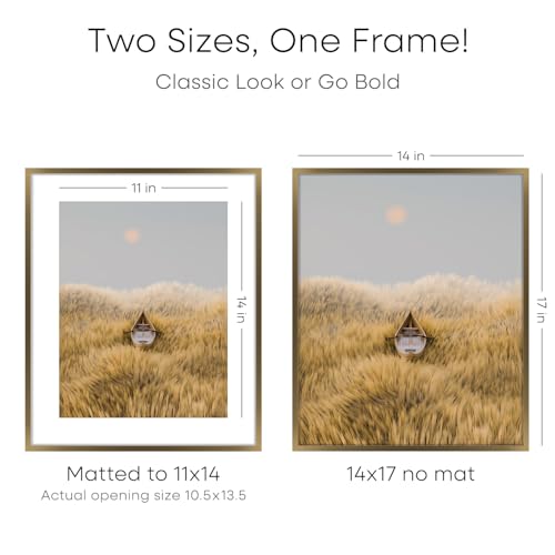 Image of Homeforia 14x17 Picture Frame Bronze, High End Metal 14x17 Brass Poster Frames with Mat 11x14 for Photo, 14 x 17 Frame Matted to 11 by 14 Print, 17x14 Hanging Frame, Tempered Glass, Wall Kit, Set of 2
