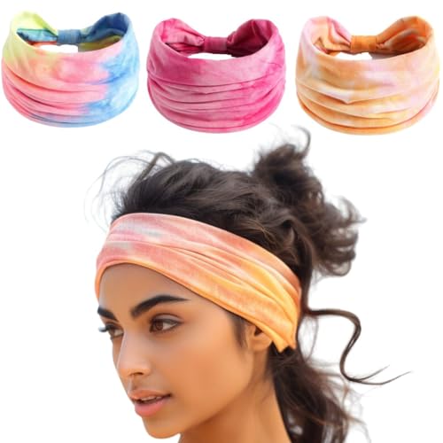 Image of XFYT Pretty Pack of 3 Tie-Dye Soft Hair Bands | Fitness Workout Stretch Microfibre high absorbtion Head Bands Set for Women Girls Yoga Sports Gym (Blush, Pack of 3)