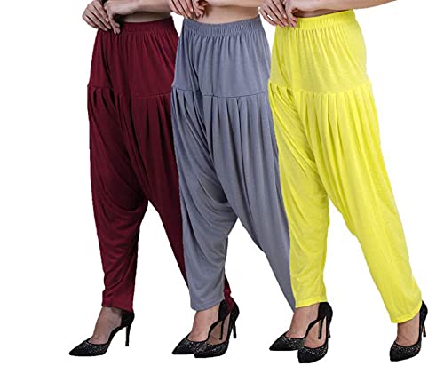 Image of Casuals Women's Regular Fit Viscose Drawstring Patiala Harem Pants Combo Pack 3 (Maroon :: SteelGrey :: Lemon Yellow,4XL)