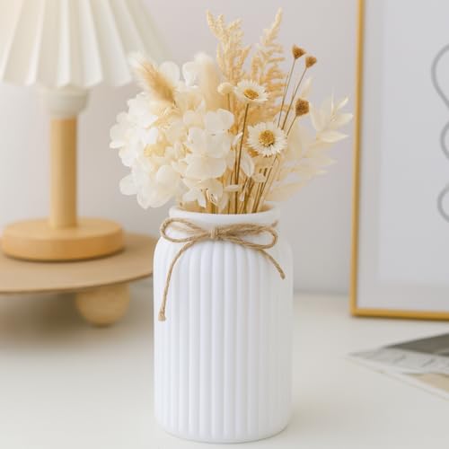 Image of Plastic Ribbed Decorative Vase with Jute Rope Top | Ceramic Look, Unbreakable Flower Pot for Centre Table, Balcony & Living Room Decor | Only Vase (No Flower) (White)