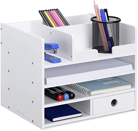 Organizer Scrivania In Legno Con Cassetto Chiuso A Chiave E Portafazzoletti - Capacità Max Per Ufficio E Scuola