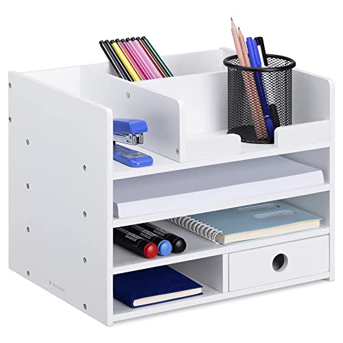 Navaris Bamboo Desk Organiser - Desktop Table Storage Drawers and Compartments for Organising Stationery, Documents, Files, Office Accessories - White