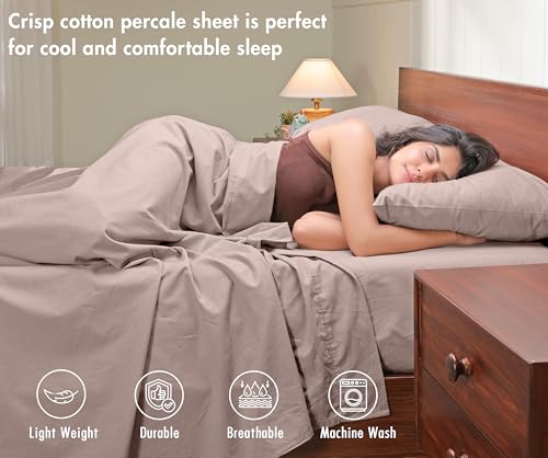 Image of RUVANTI 100% Cotton Percale Sheets Full - Crisp Cooling Summer Bed Sheets for Hot Sleepers, Deep Pocket 14 inch, Soft Peach Finish, Breathable & Durable Hotel-Style 4 Piece Set, Soft Mocha