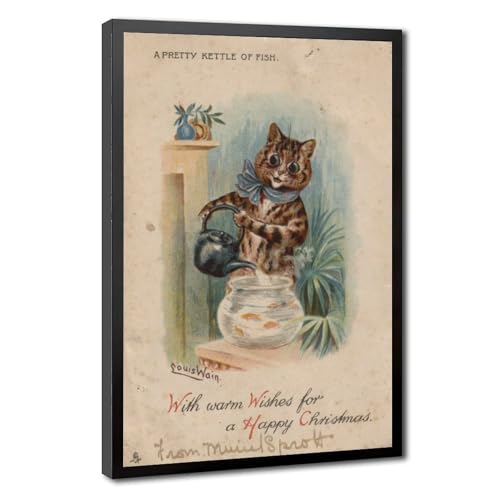 Impression sur toile chaton et poisson Louis Wain pour décoration murale 20x30 cm