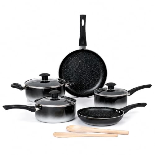 Image of Kreme Aura Granite Non Stick Cookware Set 10pcs | Aluminium Cookware Set | Fry Pan 20cm, 26cm, Sauce Pan 16cm, 18cm, Casserole Pot 20cm with 3 Glass Lid | Induction & Gas Compatible, Ivory | Kreme DELUXE Cookware Set 10pcs