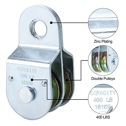 Auinn Fixed Double Pulleys, Double Pulley Block Wheel, Double Pulley Roller, Loading 400 Lbs Each, Iron With Zinc Plated (6, 1-1/2 Inch) #TOP5