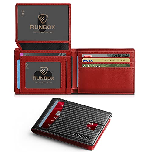 RUNBOX Wallet for Men Slim Rfid Leather 2 ID Window With Gift Box, Carbon black&red-new, M, Minimalist