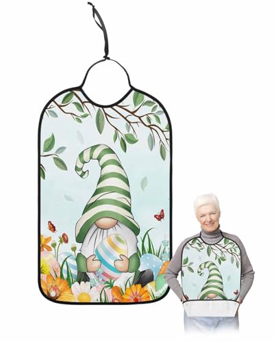 Watercolor Gnomes Adult Bib for Adults Men, Women, Eucalyptus Leaves Spring Flower Eggs Washable & Adjustable Terry Cloth Bib with Crumb Catcher Reusable Waterproof Clothing Clothes Protector Apron