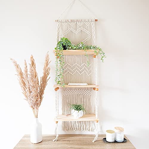 Snuglife Macrame Wall Hanging Shelf - 3 Tier Wall Shelves With Handmade Woven Rope - Boho Shelves Organizer Hanger For Kitchen, Bathroom, Home Storage, Floating Indoor Plant Wall Shelf (Pine Wood) #TOP1