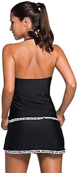 Hotgreenpepper Women's Black/Blue Tankini Set with Skorts & Halter Neck Swimsuit Inc Plus Size Swimwear, Black/Blue Trim