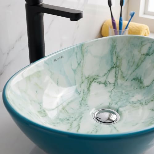 Image of Elegant Designer Ceramic Vessel Sink, Table Top Wash Basin for Bathroom, Hotel & Home Vanity Counter, Modern Over Counter Basin, 16 x 13 x 5.5 Inch