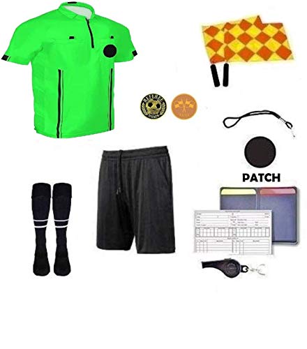 1 Stop Soccer Premium Referee 10 Piece Package Jersey Coin Short Socks Flags Set Whistle Referee Wallet and Cards (Green, Adult Medium)