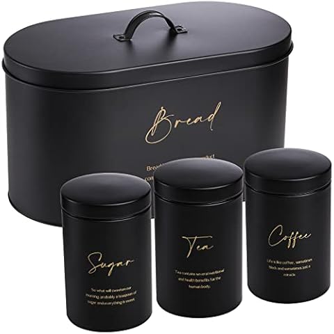 Hacaroa Set of 4 Bread Box and Canister Set for Kitchen Countertop, Metal Bread Bin Sugar Tea Coffee Storage Canister with Lid, Biscuit Tin Set for Loaf, Pastry, Dry Food, Black Cover