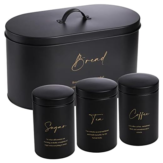Hacaroa Set of 4 Bread Box and Canister Set for Kitchen Countertop, Metal Bread Bin Sugar Tea Coffee Storage Canister with Lid, Biscuit Tin Set for Loaf, Pastry, Dry Food, Black