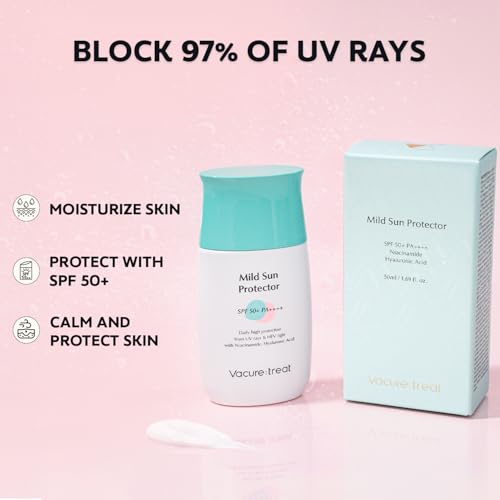 Vacure:treat Sunscreen with Zinc Oxide, SPF 50+/PA++++, Moisturizing, Broad Spectrum UVA/UVB Protection, Reducing Wrinkles, Improving Skin Elasticity, All Skin Types 1.6 Fl. OZ (50ml), 1 Count