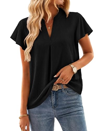AUSELILY Black Blouse, V Neck Short Sleeve (Black, S)