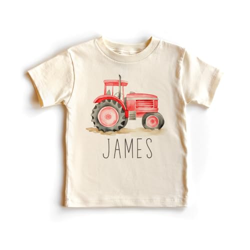Personalized Tractor Toddler Shirt - Cute Custom Name Farmer - Red Farm Tractor Tee - Boho Natural Kids Shirts
