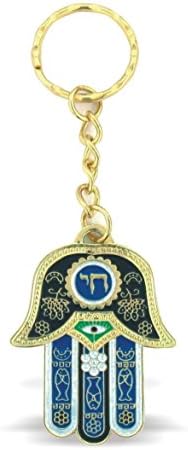 Blue Hamsa "CHAI" Key chain With Evil Eye Protection Charm And Travelers Prayer Engraved On The Back In