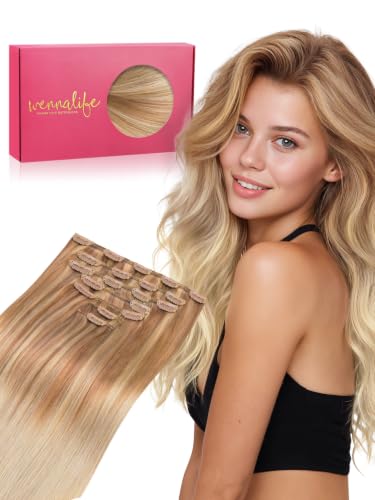 WENNALIFE Clip in Hair Extensions Real Human Hair, 18 Inch 170g 7pcs Ash Beige Blonde Blend Fuller Hair Extensions Remy Hair Clip Ins, Soft Blendable Reusable &amp; Heat Friendly for Volume and Length