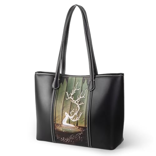 ZHIYONG Soft Leather Tote Bag for Women with Leather Handles, Elegant Two-Way Handbag & Shoulder Bag, Spacious for Work, Travel, Shopping, and Casual Outings, Black with White Deer Design